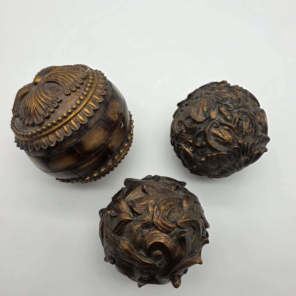 Set of 3 Brown Carved Look Decorative Orbs Floral Resin Sphere Home Decor